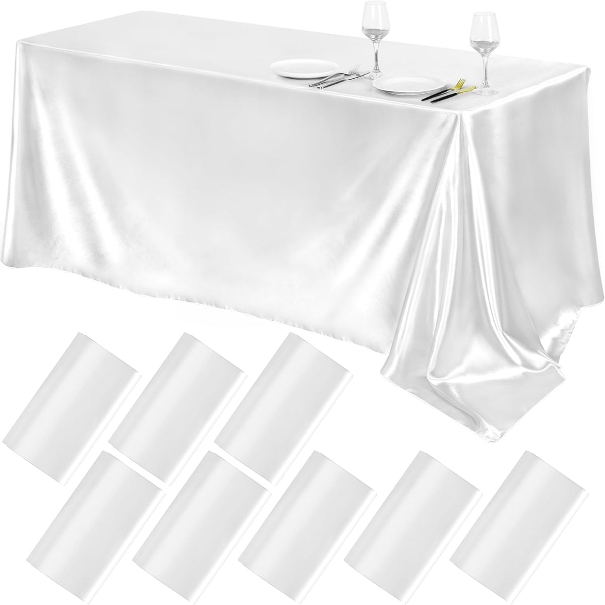 TURSTIN 8 Packs White Satin Tablecloth 102 x 58 Inch Overlay Satin Table Cover Rectangle Bright