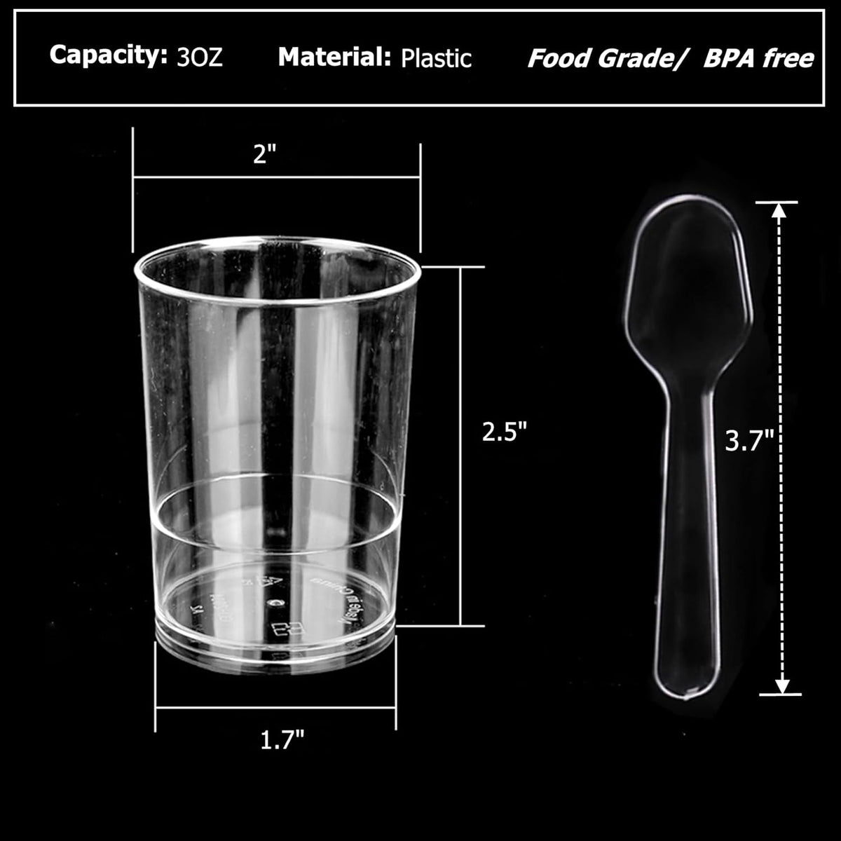 100 Pack Mini Dessert Cups, 3oz Clear Shooter Cups with Spoons, Plastic Mousse Cups for Party, Ice