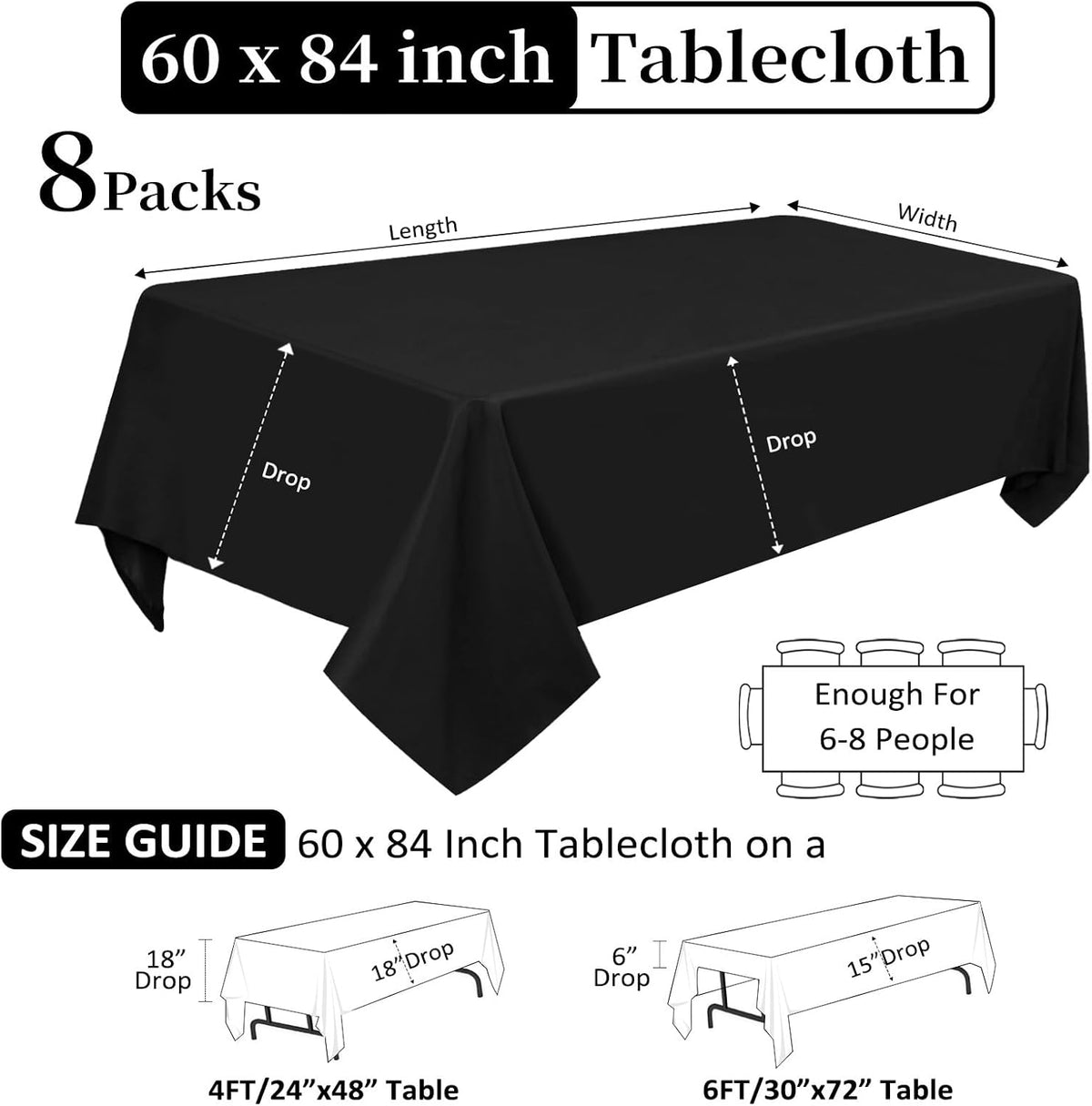 8 Pack Black Tablecloths 60 x 84 Inch Rectangular Table Cloths for Rectangle Tables 4ft, Wrinkle