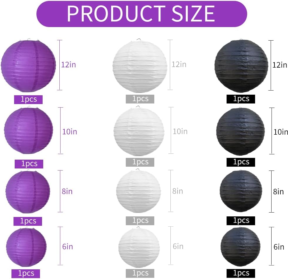 BEISHIDA 12Pcs Purple Black White Paper Lanterns Decorative Chinese/Japanese Hanging Round Paper