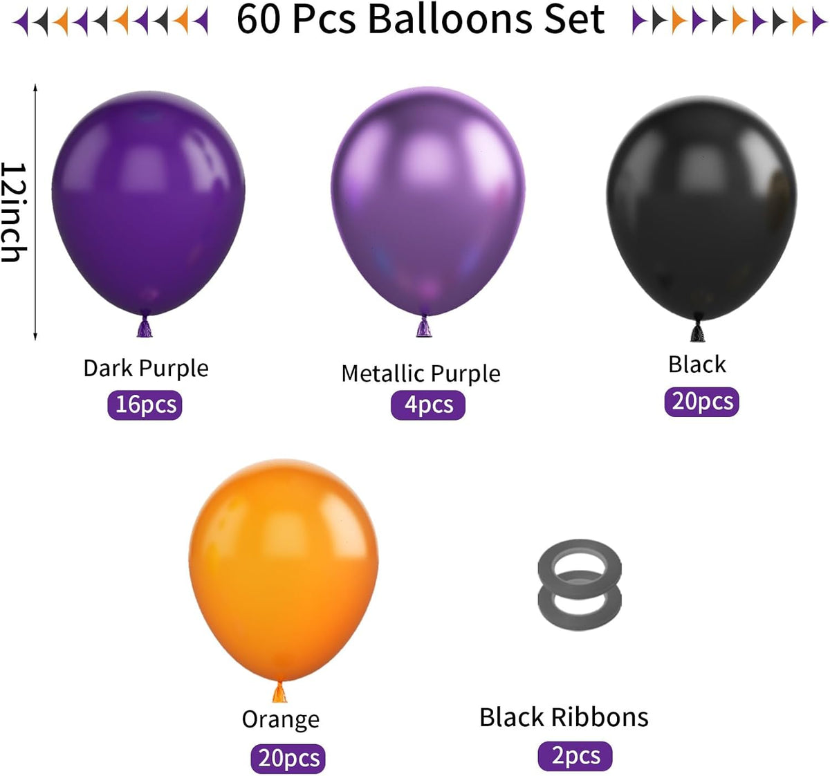 FunHot Halloween Party Balloons, 60Pcs Black Purple Orange Balloons, 12 Inch Metallic Purple Black