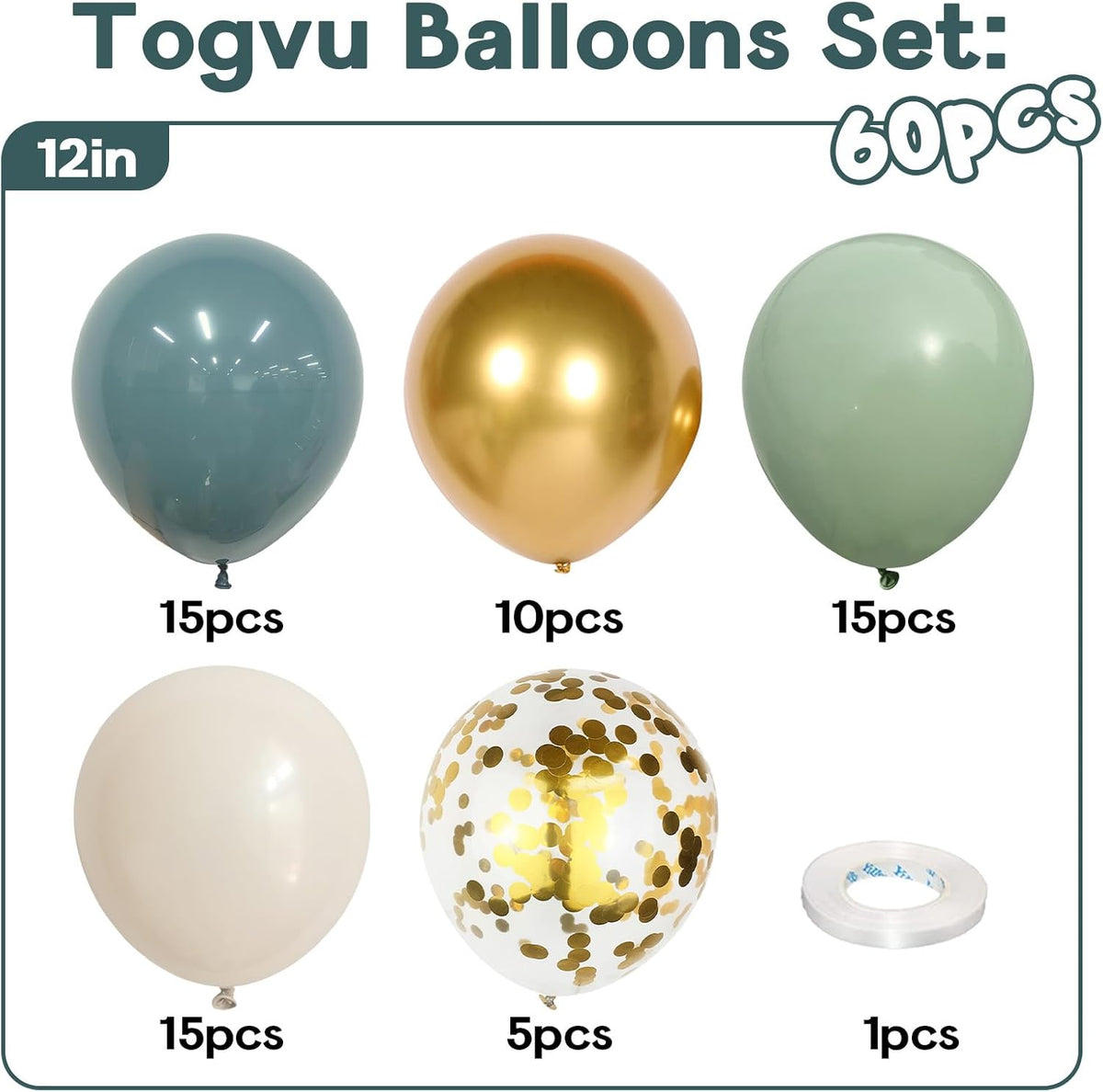Dusty Blue Sage Green Balloon, 60PCS Pastel Olive Green Slate Blue Beige White Sand Balloon with