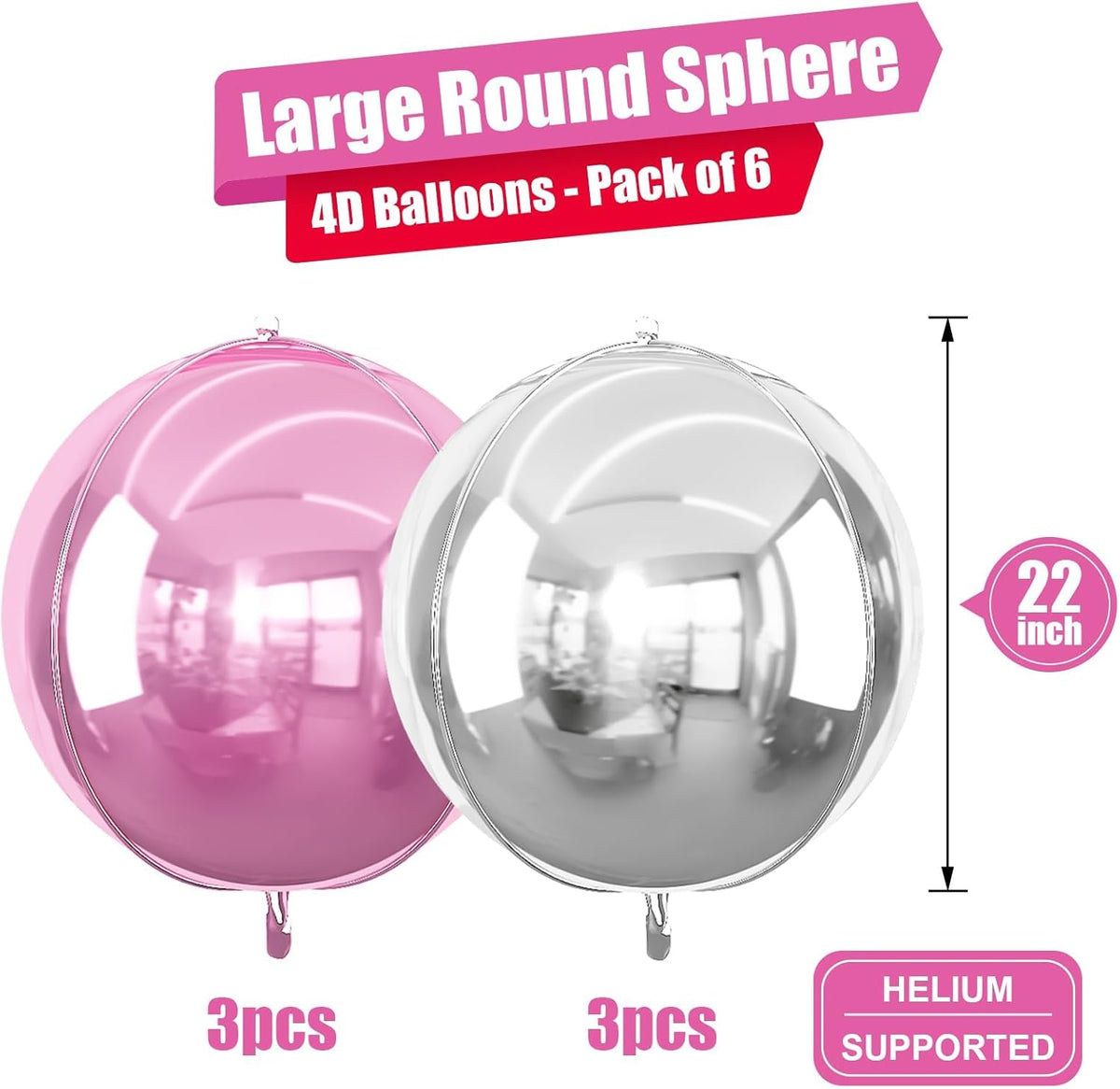 6Pcs Pink Silver Round Foil Balloons, 22inch 4D Metallic Silver Pink Balloons, Large Round Foil