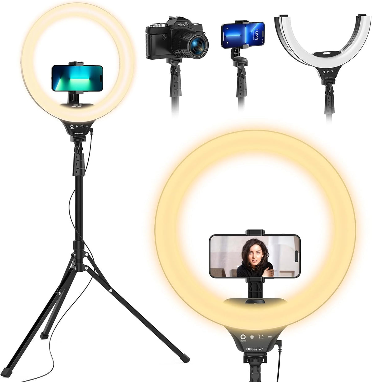 UBeesize 14'' Foldable Ring Light with 62'' Tripod Stand and Phone Holder, LED Selfie RingLight for