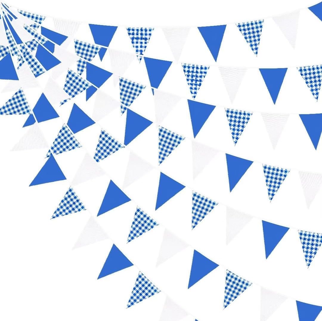 32Ft Deep Blue Party Decorations Blue Buffalo Plaid Checkered White Triangle Flag Gingham Pennant