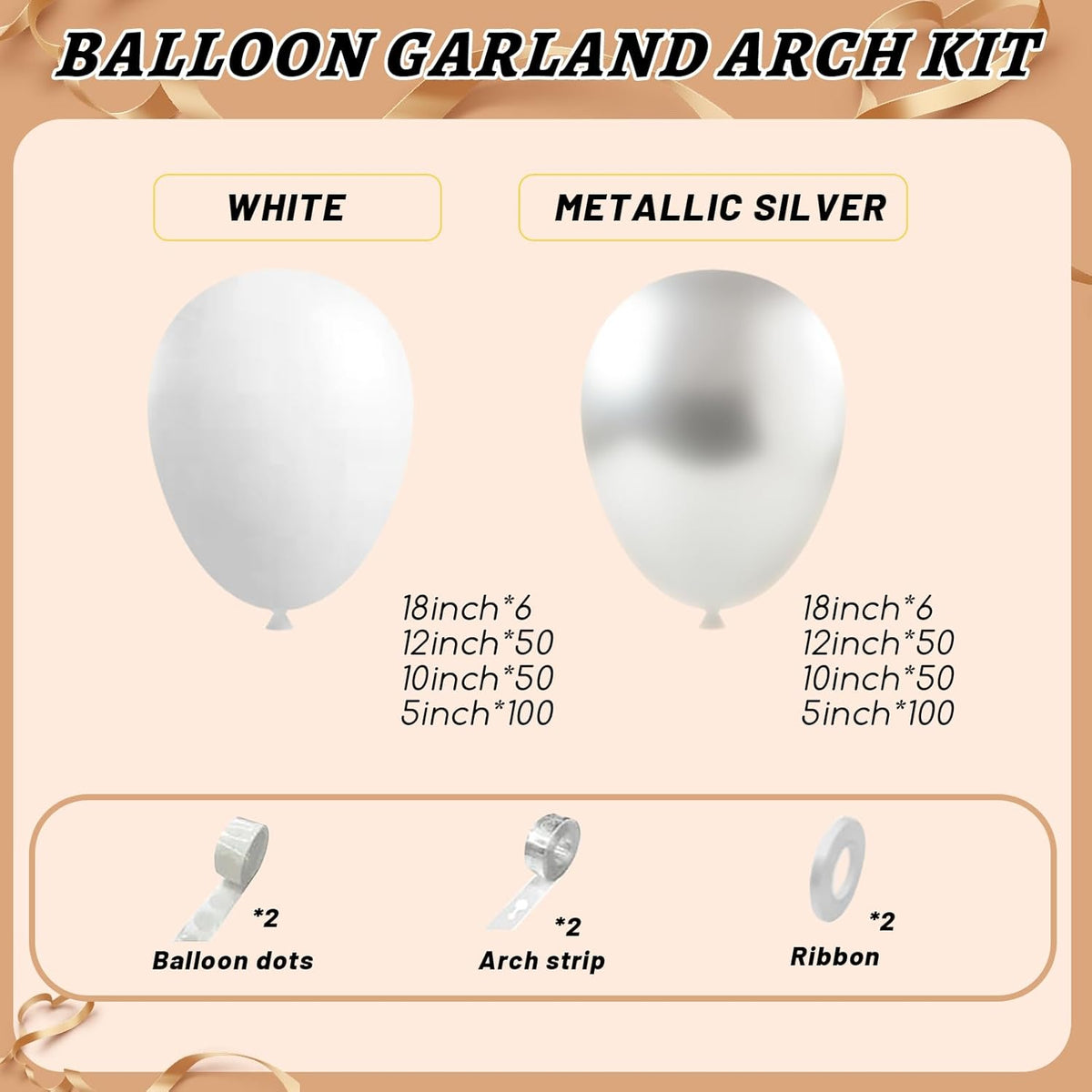 412Pcs White and Silver Balloons Arch Kit, 18 12 10 5 Inch White Metallic Silver Latex Balloon for