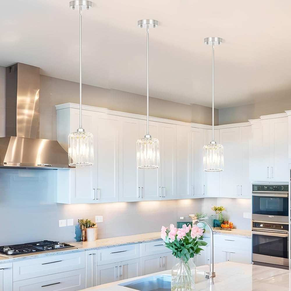 Chrome Kitchen Pendant Lights Over Island with Adjustable Rods - Crystal Pendant Lighting Fixtures