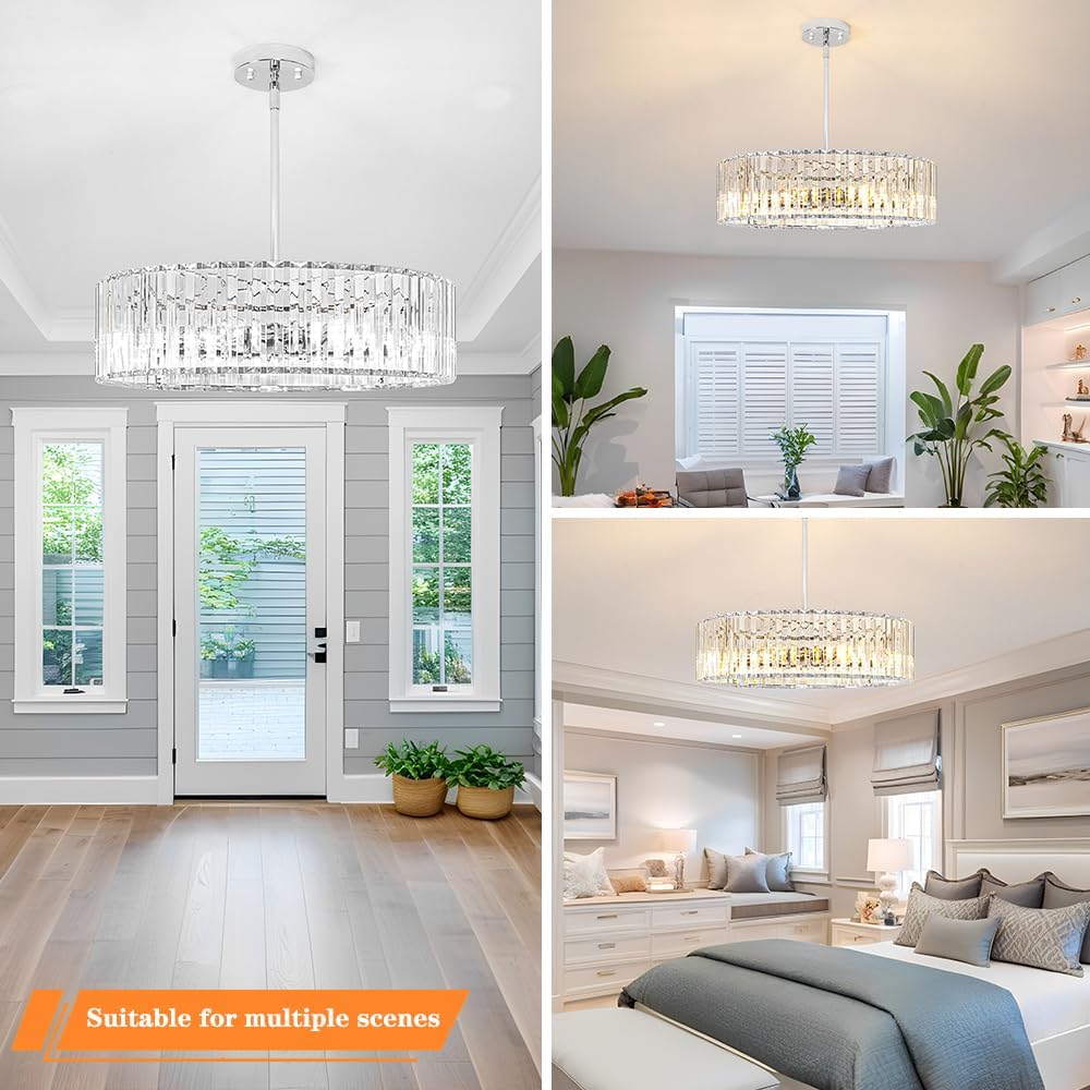 Modern Crystal Chandelier for Dining Room, 6 Light Chrome Semi Flush Mount Ceiling Light Fixtures