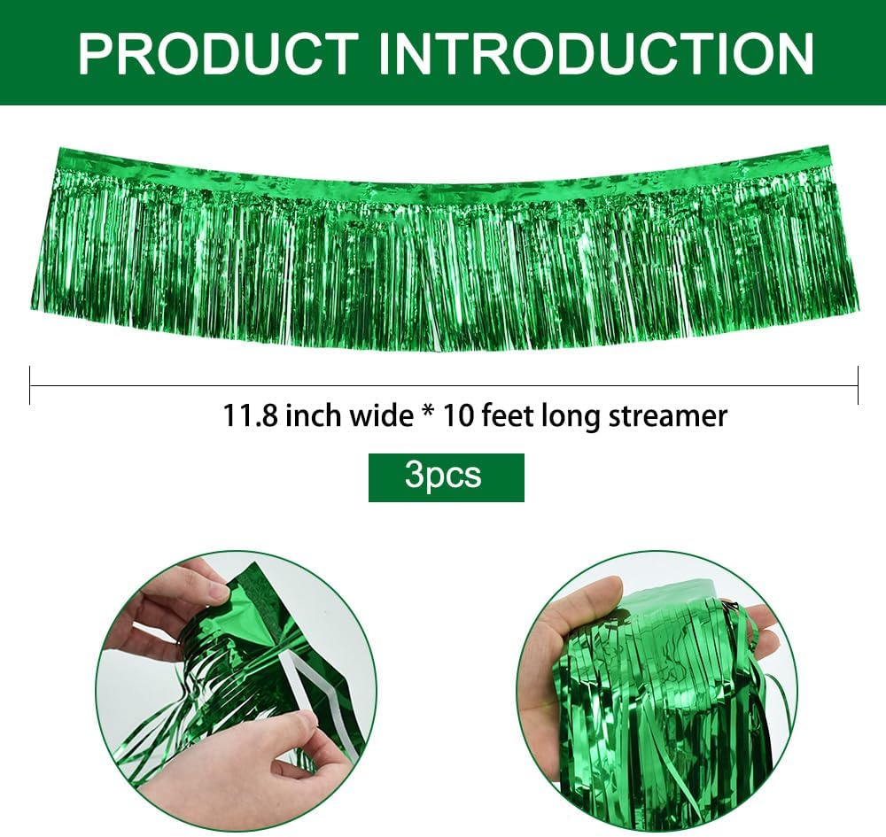 BEISHIDA 3 Packs Metallic Foil Fringe Garland Green Wall Hanging Tinsel Fringe Banner for Halloween
