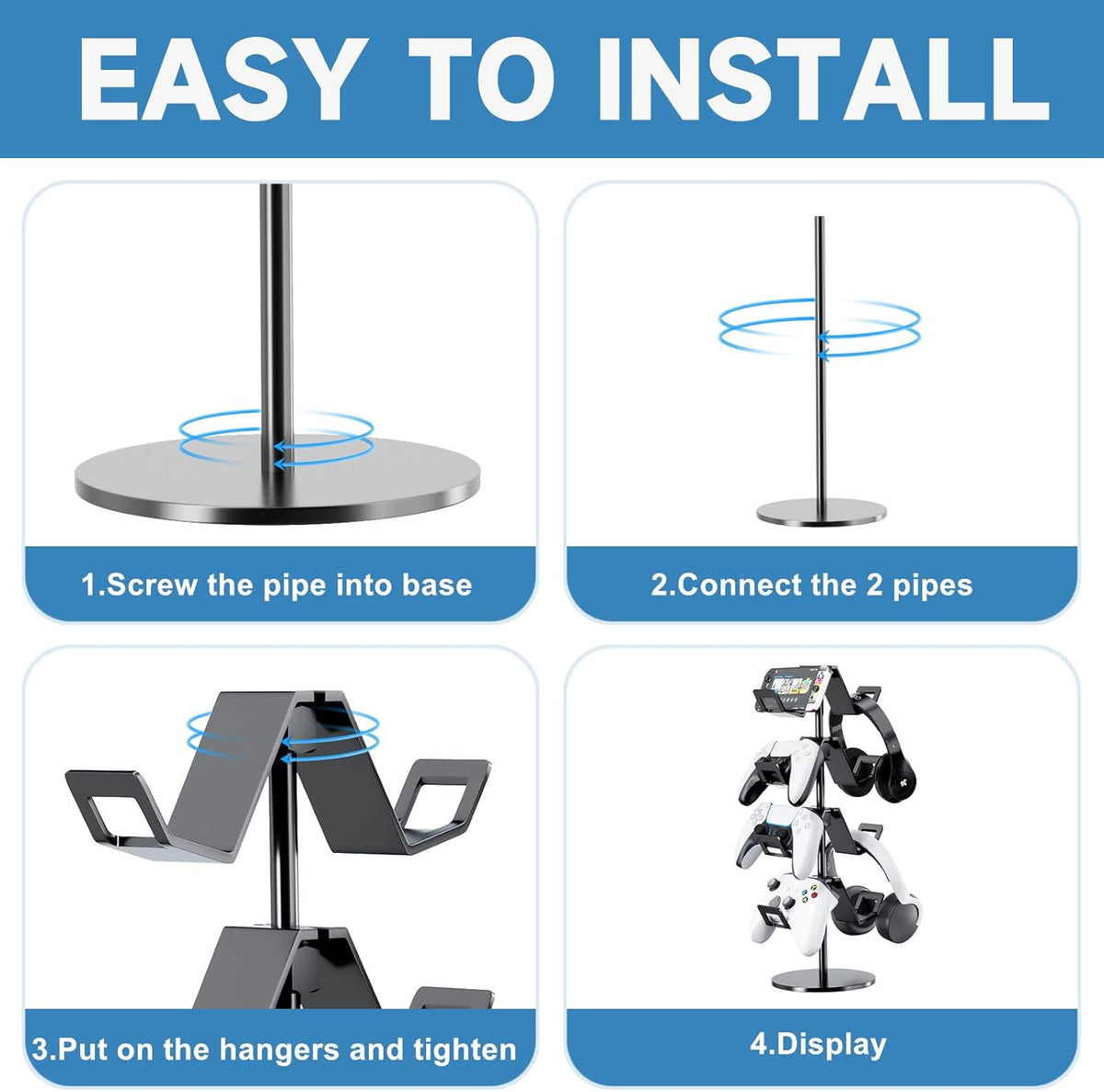 Controller Holder 4 Tier,Headphone Stand - Adjustable Headset Holder for Xbox PS5 PS4 Switch Pro