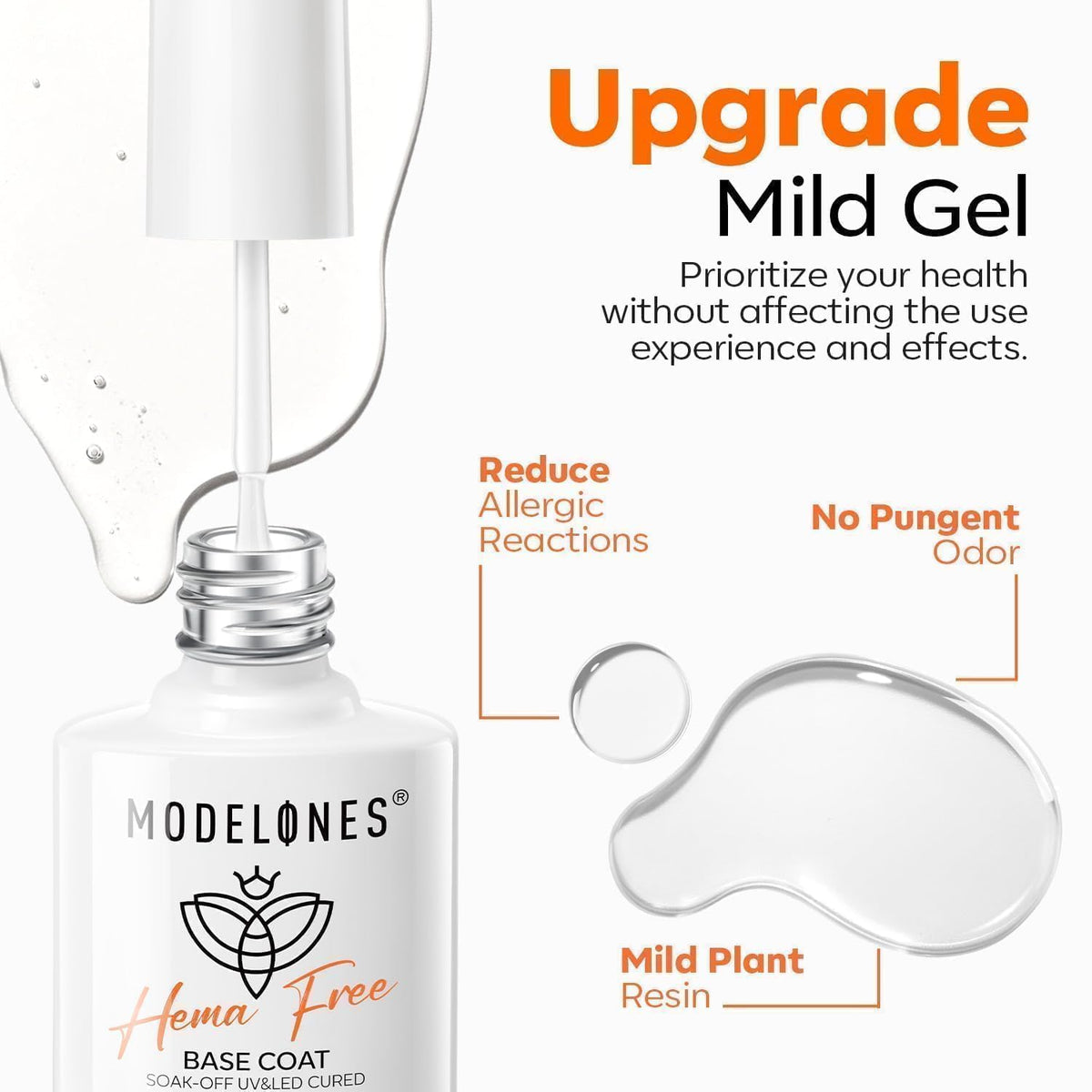 modelones Hema-Free Gel Base Coat, No Wipe Base Coat Gel Nail Polish Hypoallergenic Clear Color