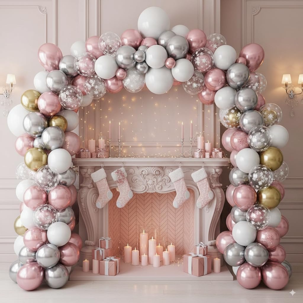 Pink White Winter Wonderland Snowflake Balloons Set, Metallic Light Pink Gold Silver White