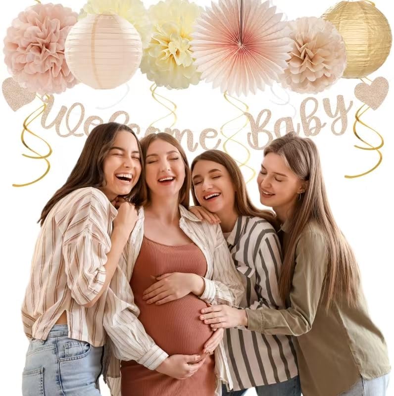 Champagne-Gold Beige Fall Baby-Shower Party-Decorations - 36pcs Welcome Home Banner Sign,Neutral