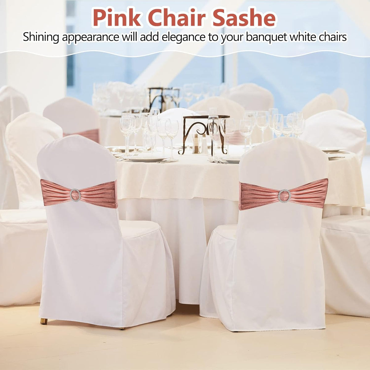 CHENGU 150 Pieces Spandex Stretch Chair Sashes Bows Elastic Chair Cover Bands Ties with Buckle