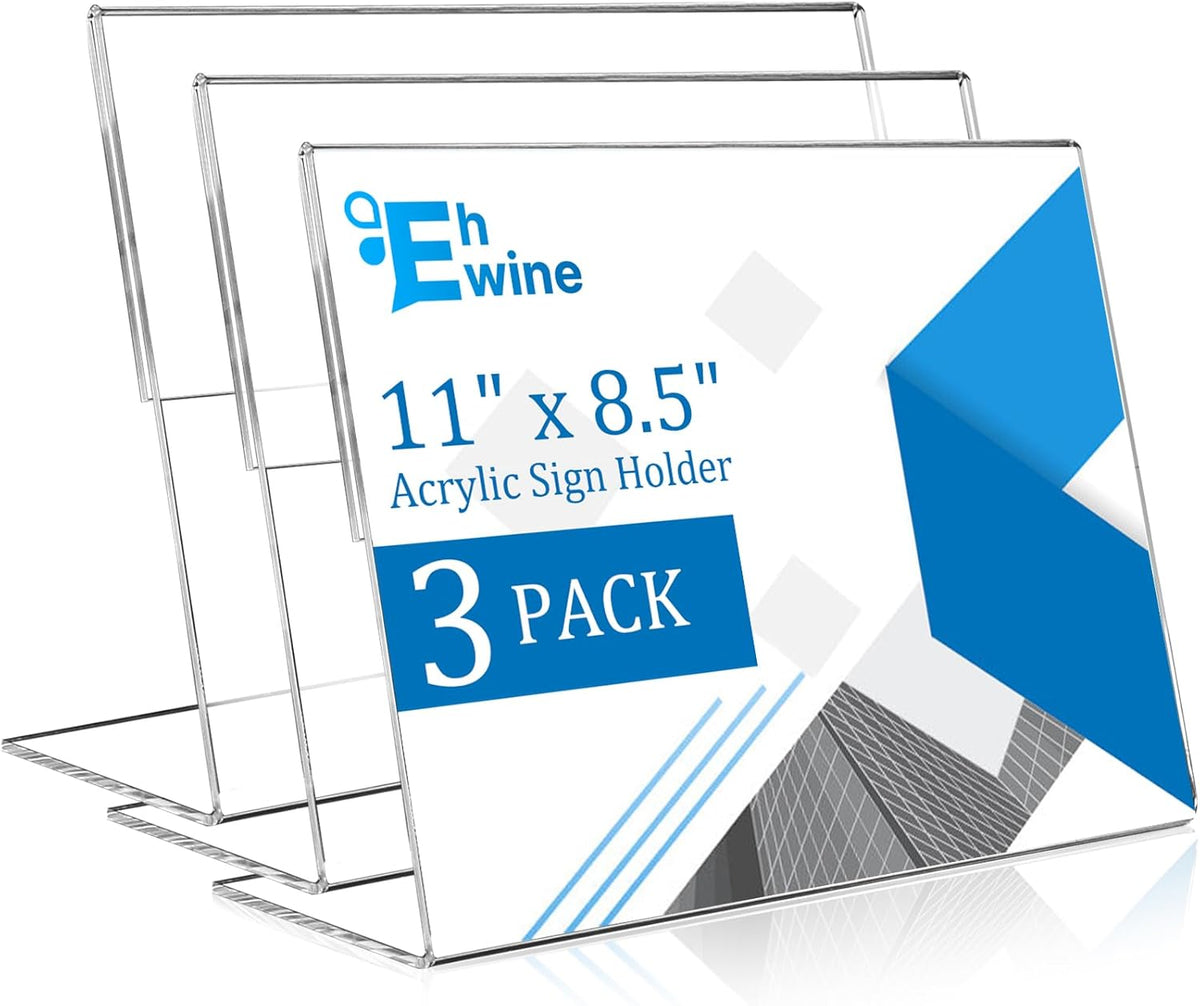 EHWINE 3 Pack 8.5 x 11 Acrylic Sign Holder Horizontal, Clear Plastic Signs Display Stand, Slanted