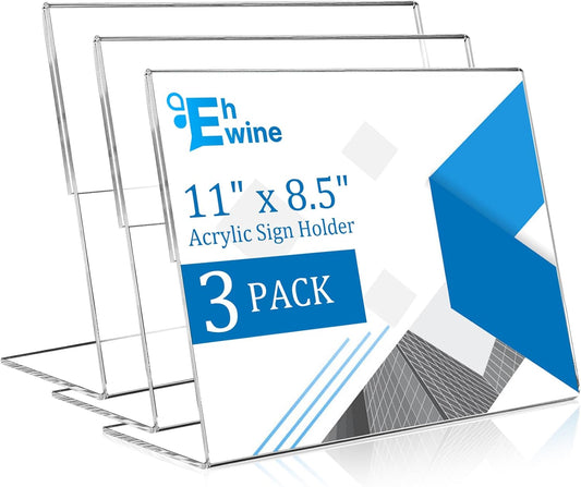 EHWINE 3 Pack 8.5 x 11 Acrylic Sign Holder Horizontal, Clear Plastic Signs Display Stand, Slanted