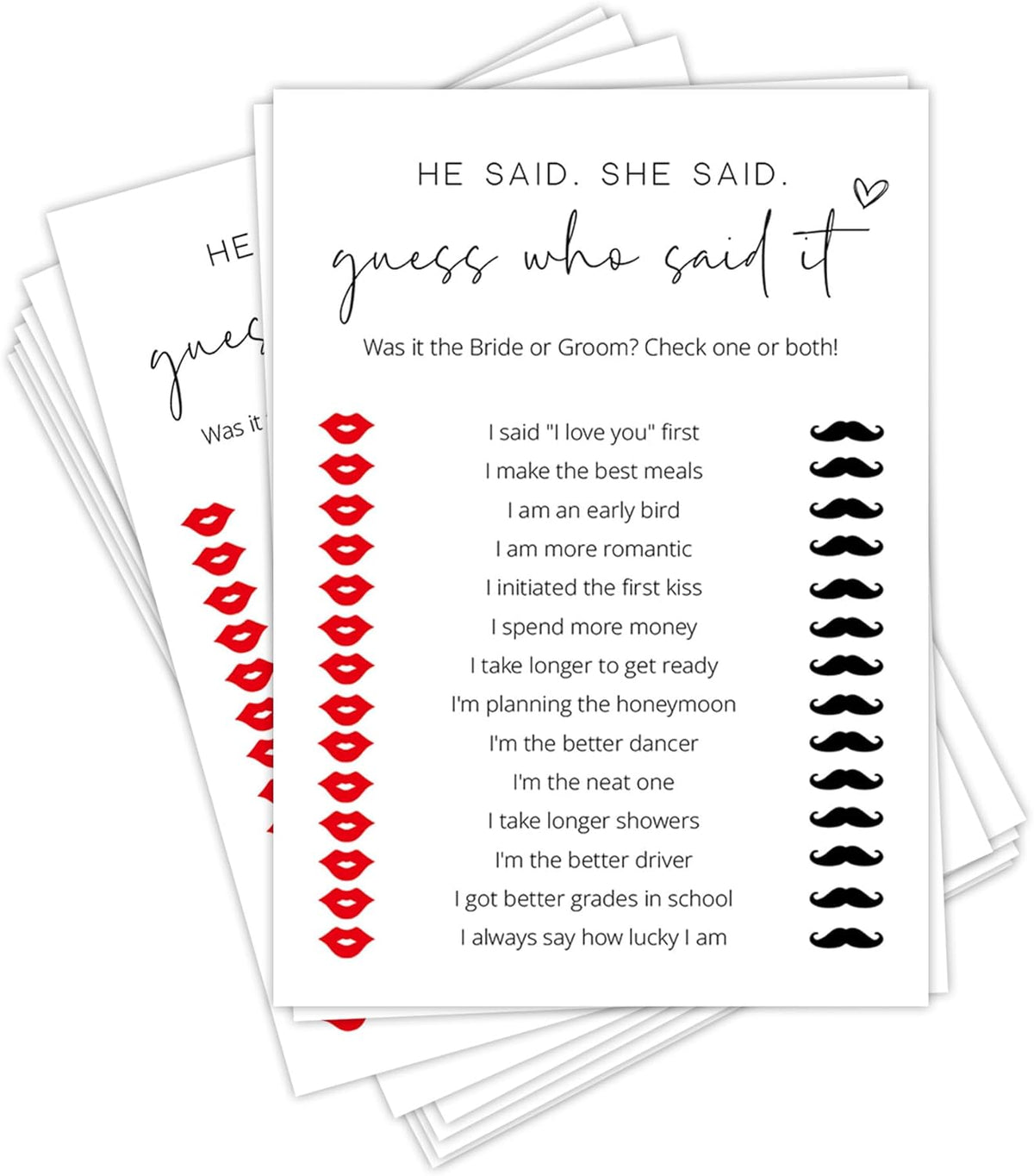 Bridal Shower Games, He Said She Said, 25Pcs Minimalist White Double-Sided Bridal Game Cards