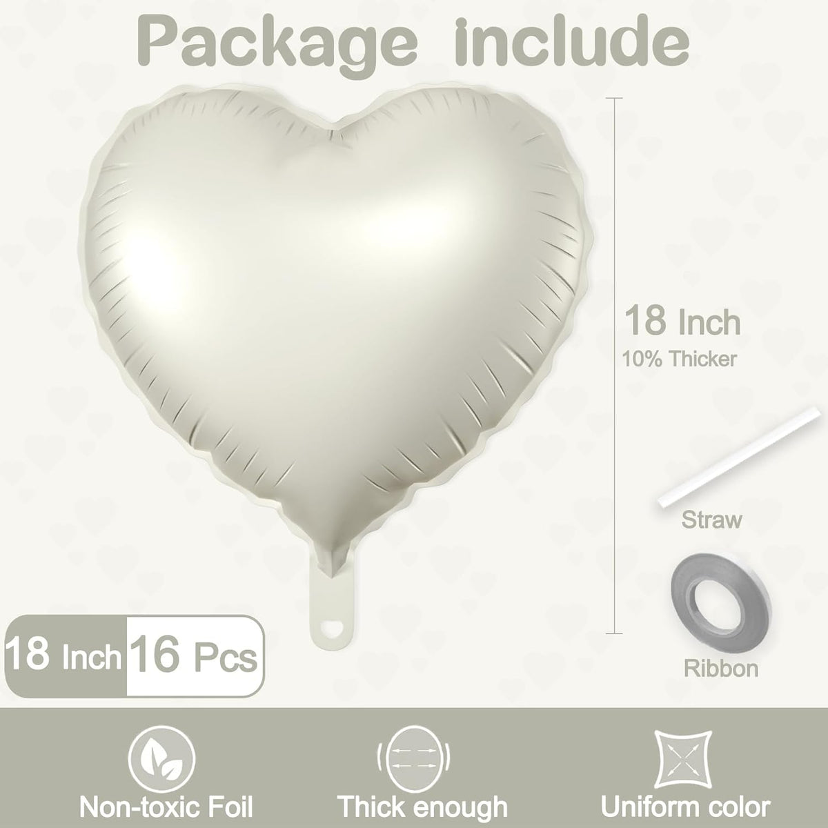 16 Pcs Heart Balloons, 18 White Sand Inch Love Heart Shaped Foil Balloons for Wedding Anniversary