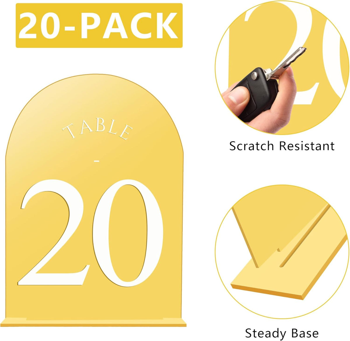 JOYIT Arch Wedding Table Numbers 1-20 with Stands – 5" X 7" Acrylic Mirrored Gold Table Number