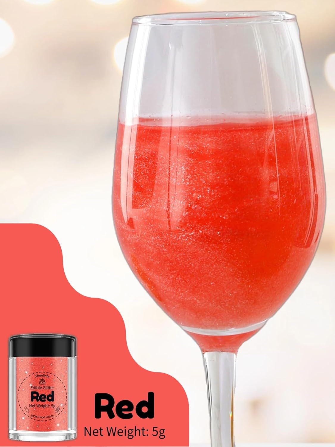 Shanlinly Red Edible Glitter for Cakes Drinks - Food Grade 5g Shimmer Luster Glitter Dust Edible