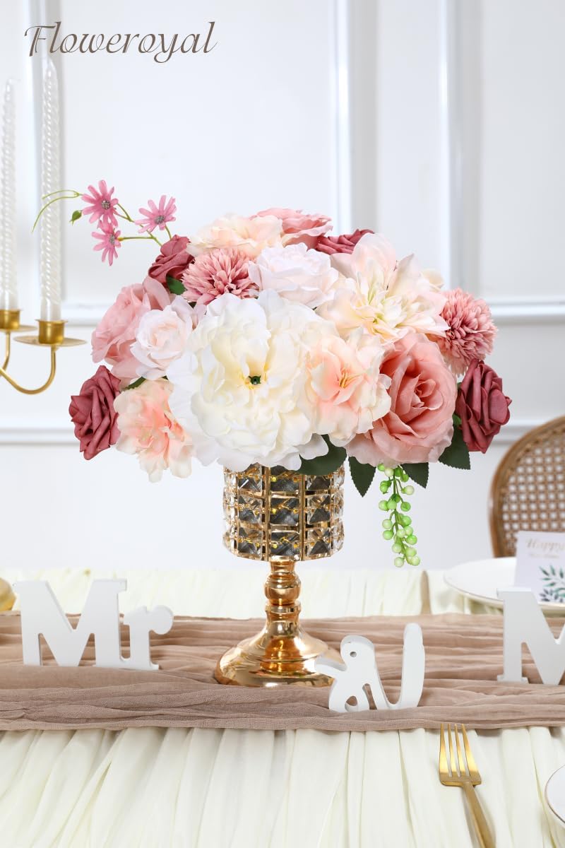 Floweroyal Artificial Flowers Combo Pink Flowers Mix Silk Flowers Dahlia Roses with Stems for DIY