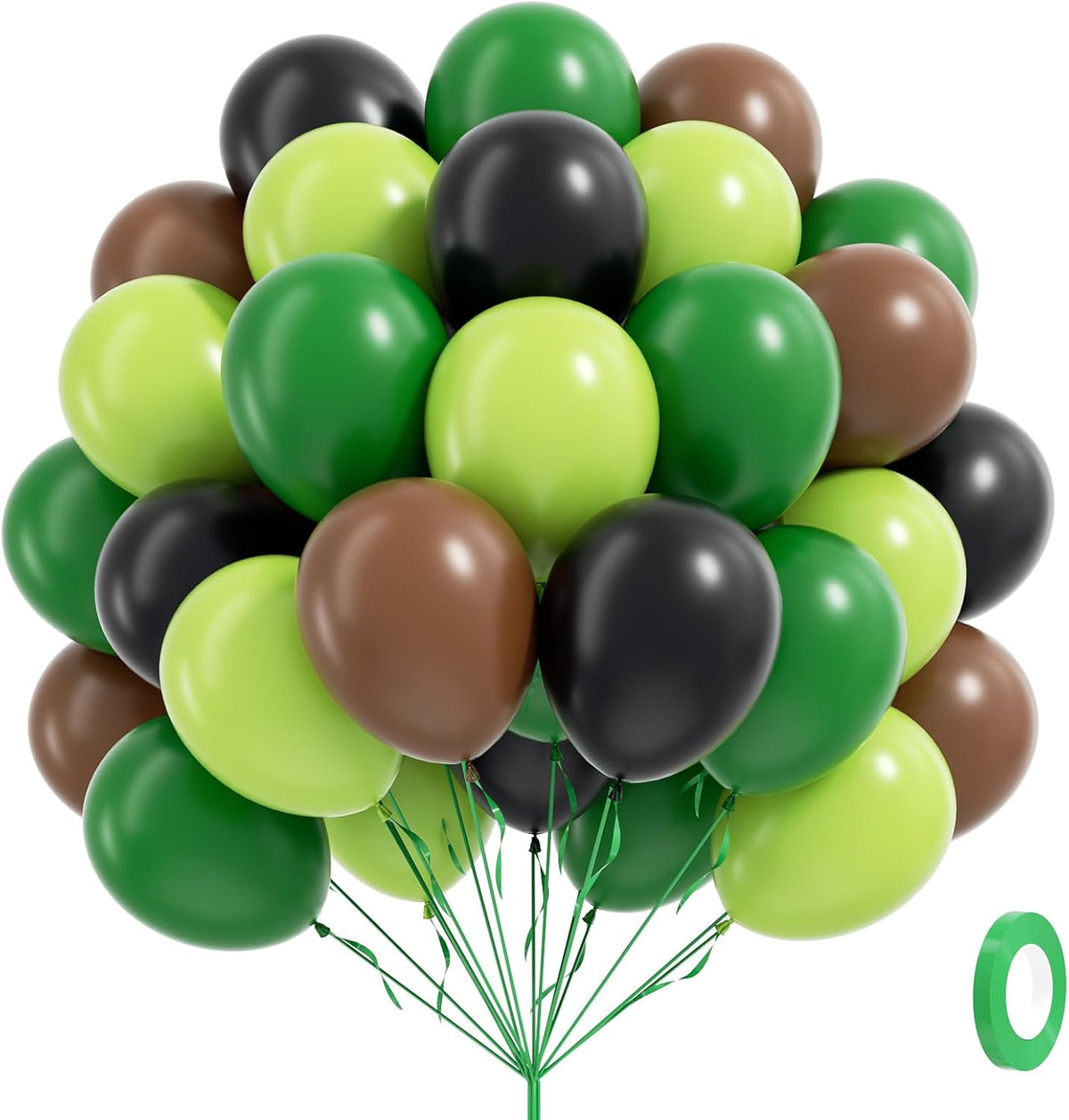 60pcs Green and Brown Balloons 12inch with Brown Black Dark Lime Green Balloons for Jungle Video
