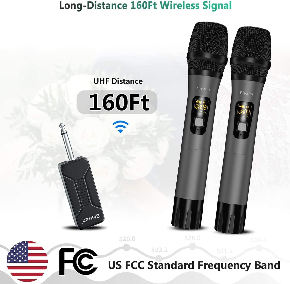 Wireless Microphone, Bietrun UHF Metal Dual Handheld Cordless Dynamic Mic System with Rechargeable