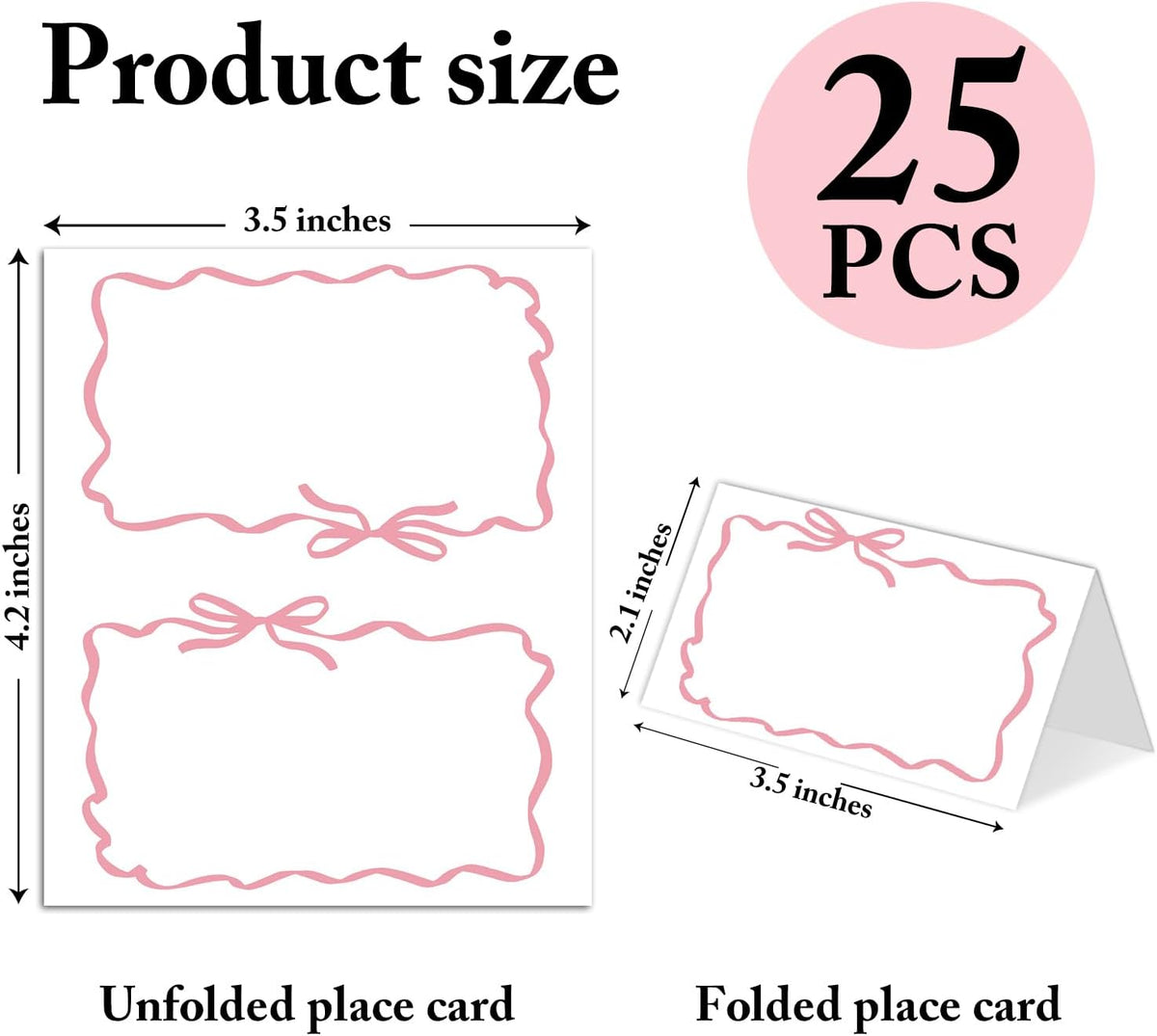 25 Pack Pink Bow Wave Place Cards, Editable Name Cards for Table Setting, Tent Cards Food Label for