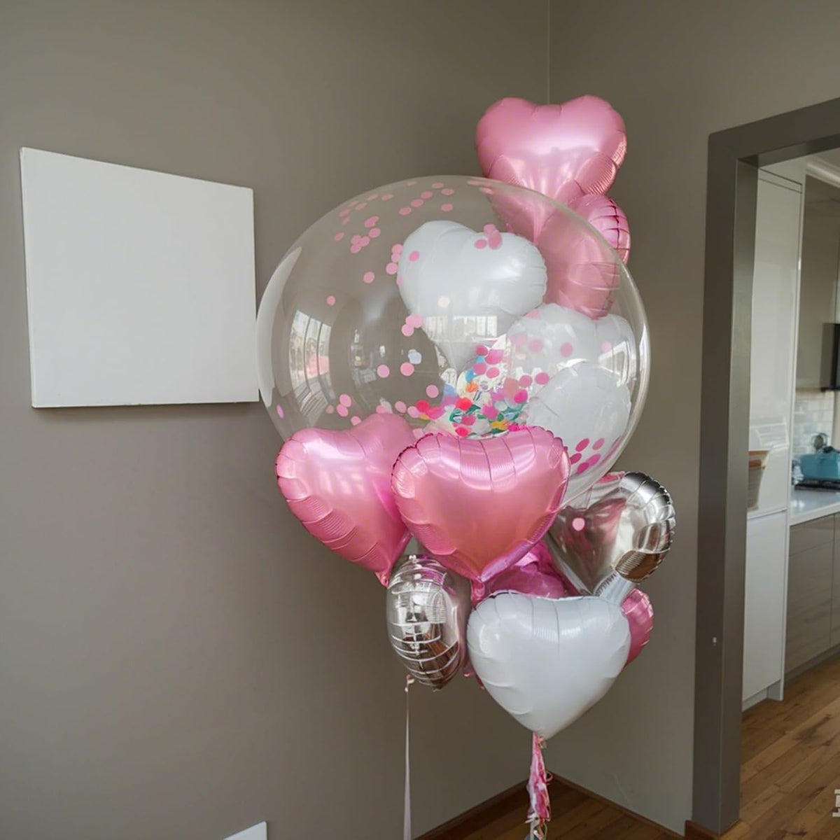 Pink Silver Heart Balloons, 18 Inch Pearl Pink and Silver Heart Shape Balloons, 12PCS Helium Love