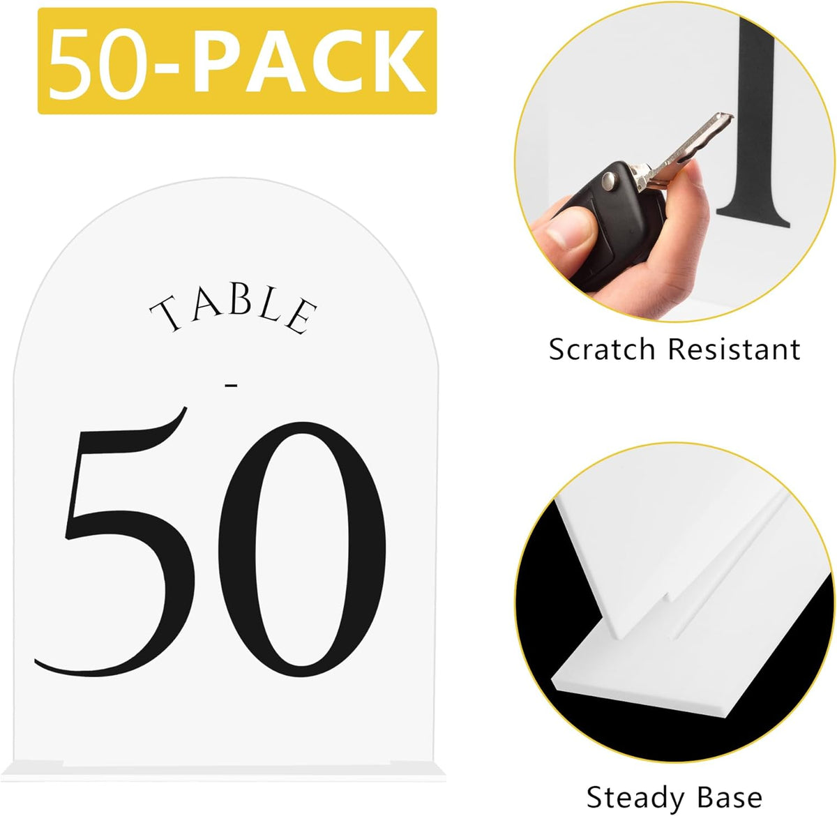 JOYIT Arch Wedding Table Numbers 1-50 with Stands – Double-Sided Printed 5" X 7" Acrylic Signs with