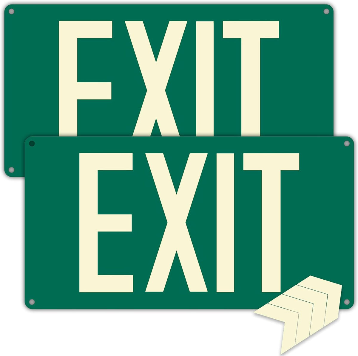 (2Pack) Photoluminescent Exit Sign, Glow In The Dark Aluminum Exit Sign Green - Adhesive Backing