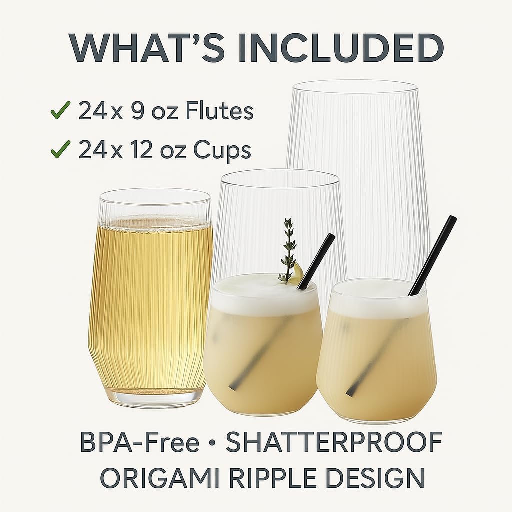 48 Pack Ribbed Origami Ripple Plastic Glasses, 24 9 Ounce Stemless Champagne Flutes & 24 12 Ounce