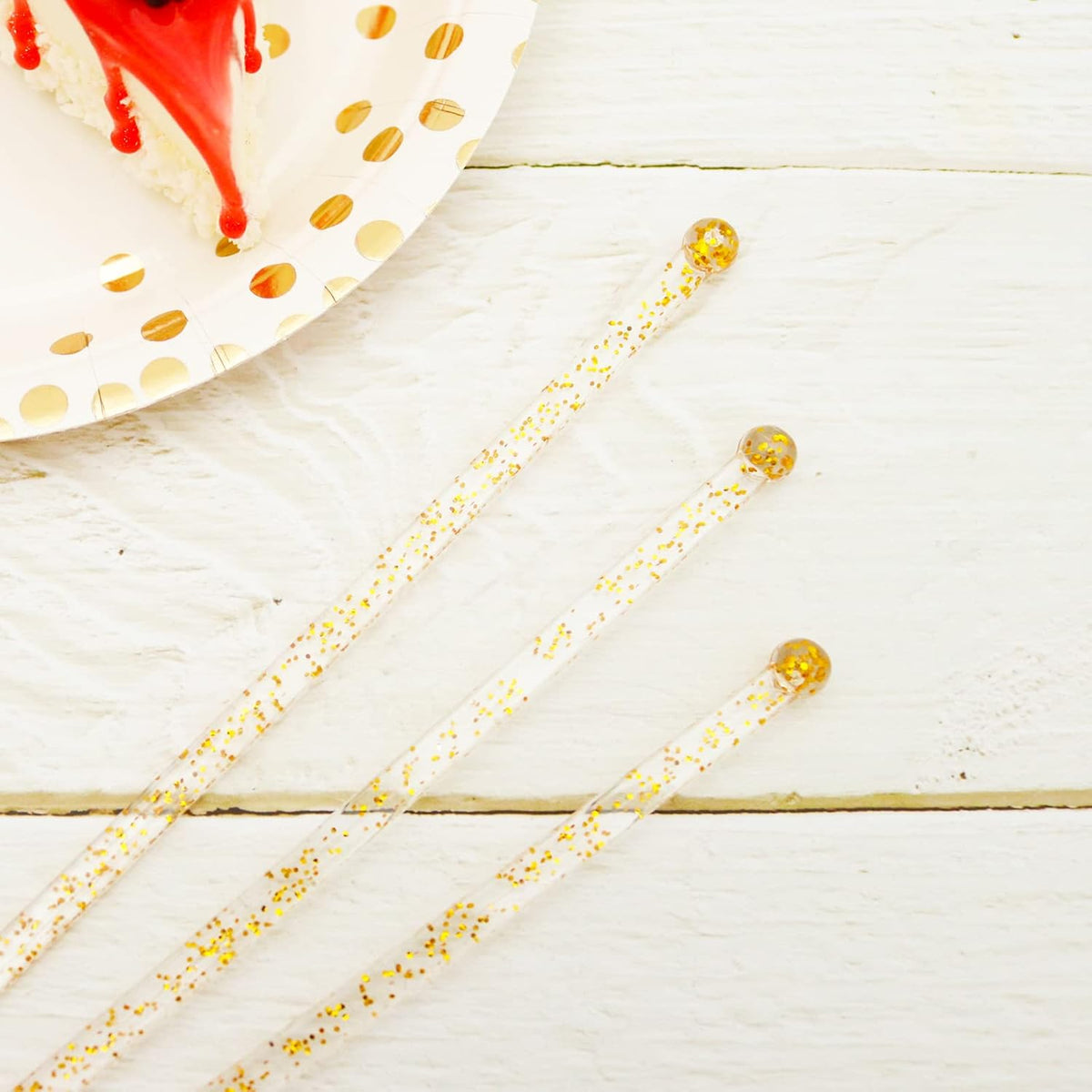 100-PCS Gold Glitter Plastic Swizzle Sticks, Crystal Cake Pops, Cocktail Coffee Drink Stirrers