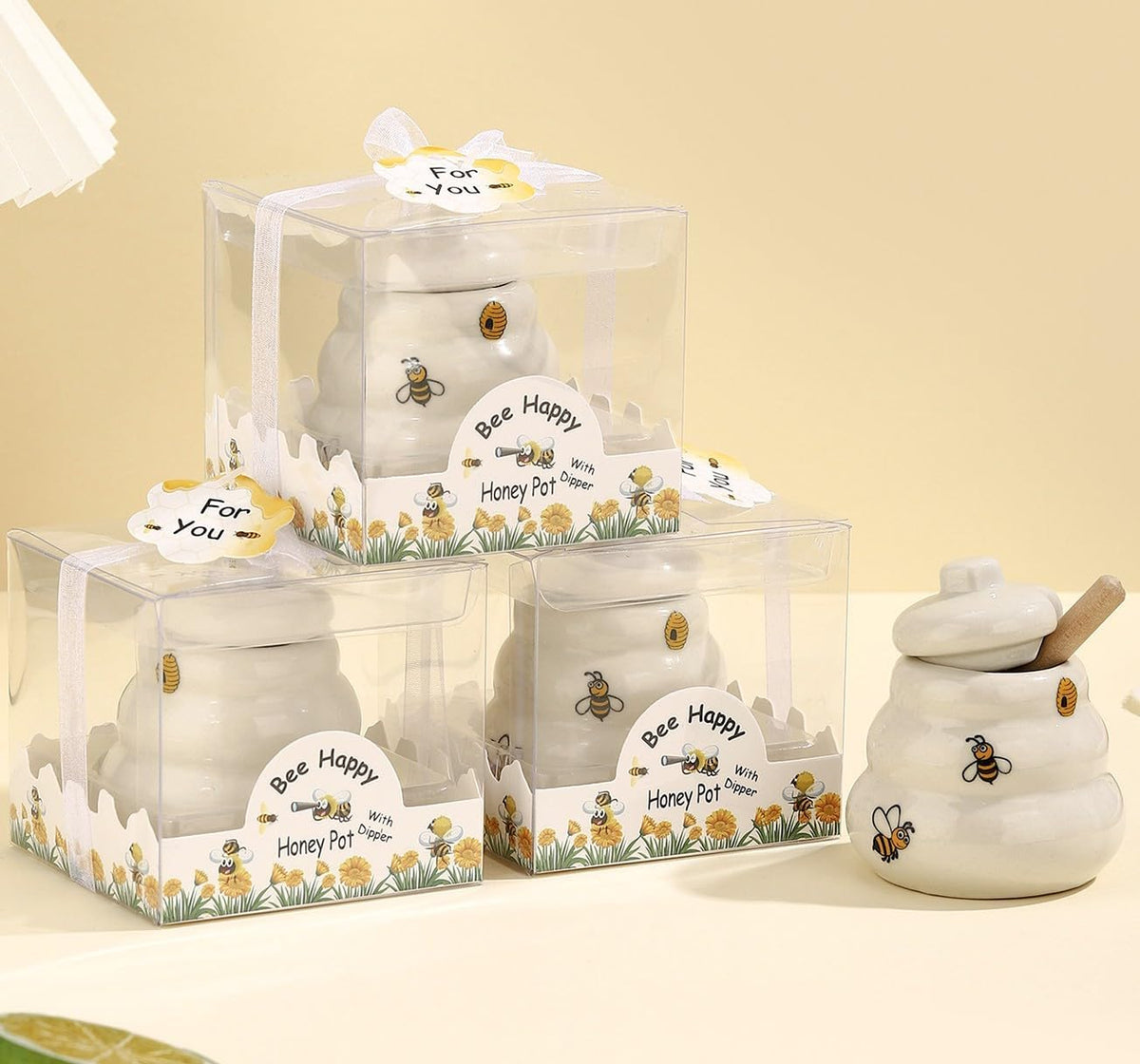 12 Sets Ceramic Bee-Happy Honey Pot with Dipper，Honey Jar Serving Set with Exquisiting Package for