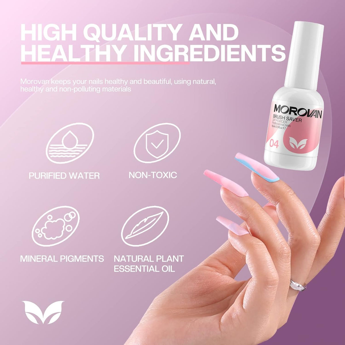 Morovan Dip Powder Liquid Set with Activator Base Top Coat and Dipping Powder Brush Saver 4pcs