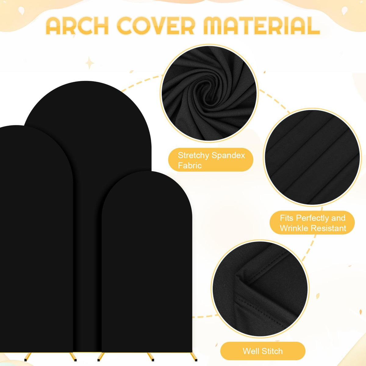 FUHSY Metal Arch Backdrop Stand and Cover Set 6FT, 6.6FT, 7.2FT Black Arch Cover Set of 3 Wedding