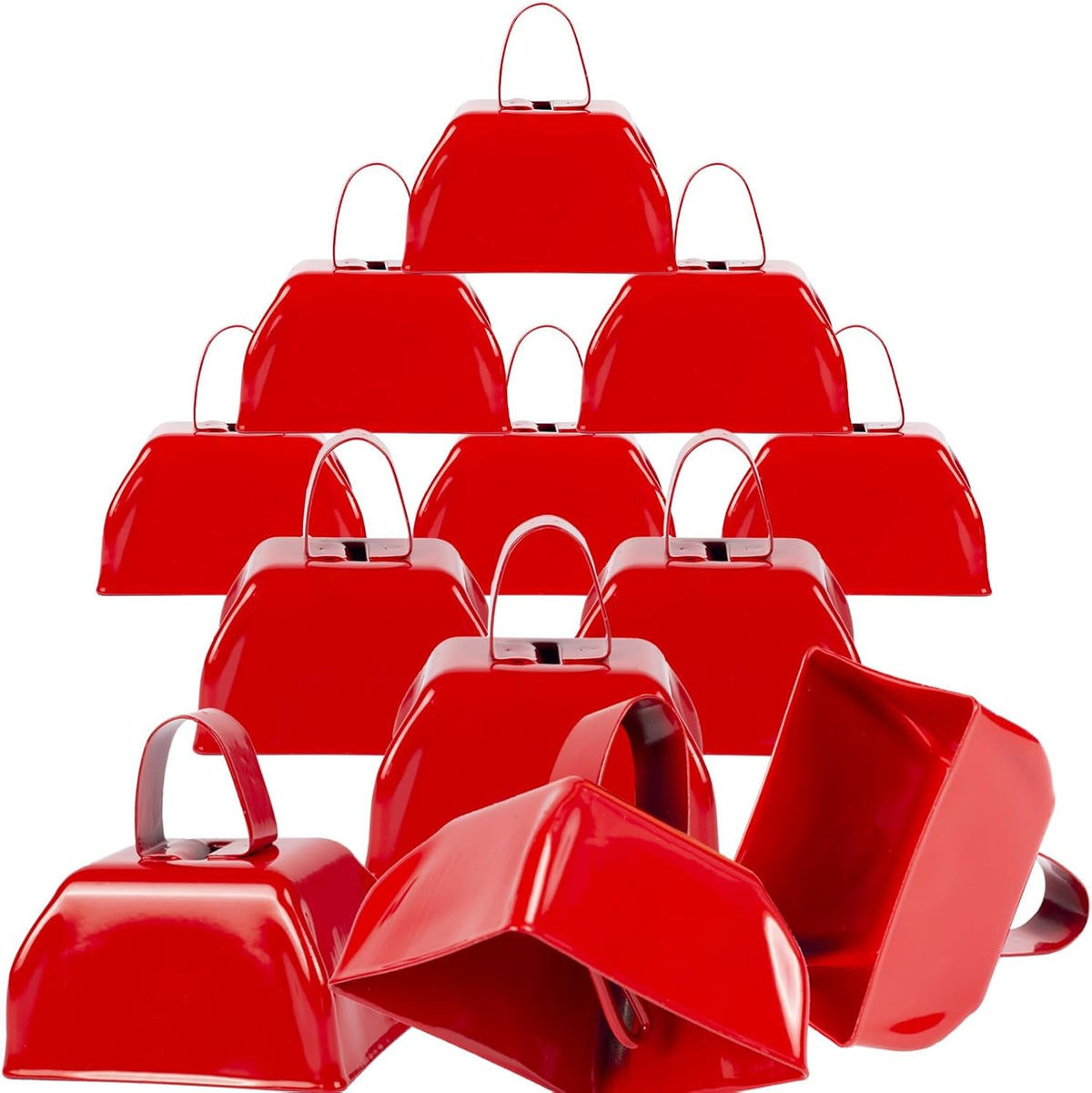 Cow Bells Noise Makers Red Cheering Bell for Sporting Events: 12 Pcs Metal Cowbells with Handle