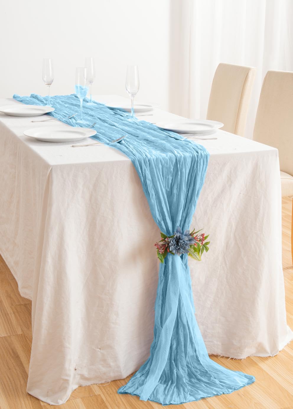 8 Pack 10Ft Table Runner 35x120 inch Baby Blue Boho Gauze Table Cheese Cloth Long Wrinkled Sheer
