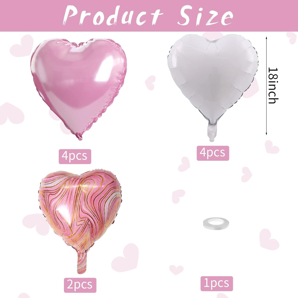 Pink White Agate Heart Shape Balloons - 10PCS Pink & White Foil Heart Balloons for Valentine's Day