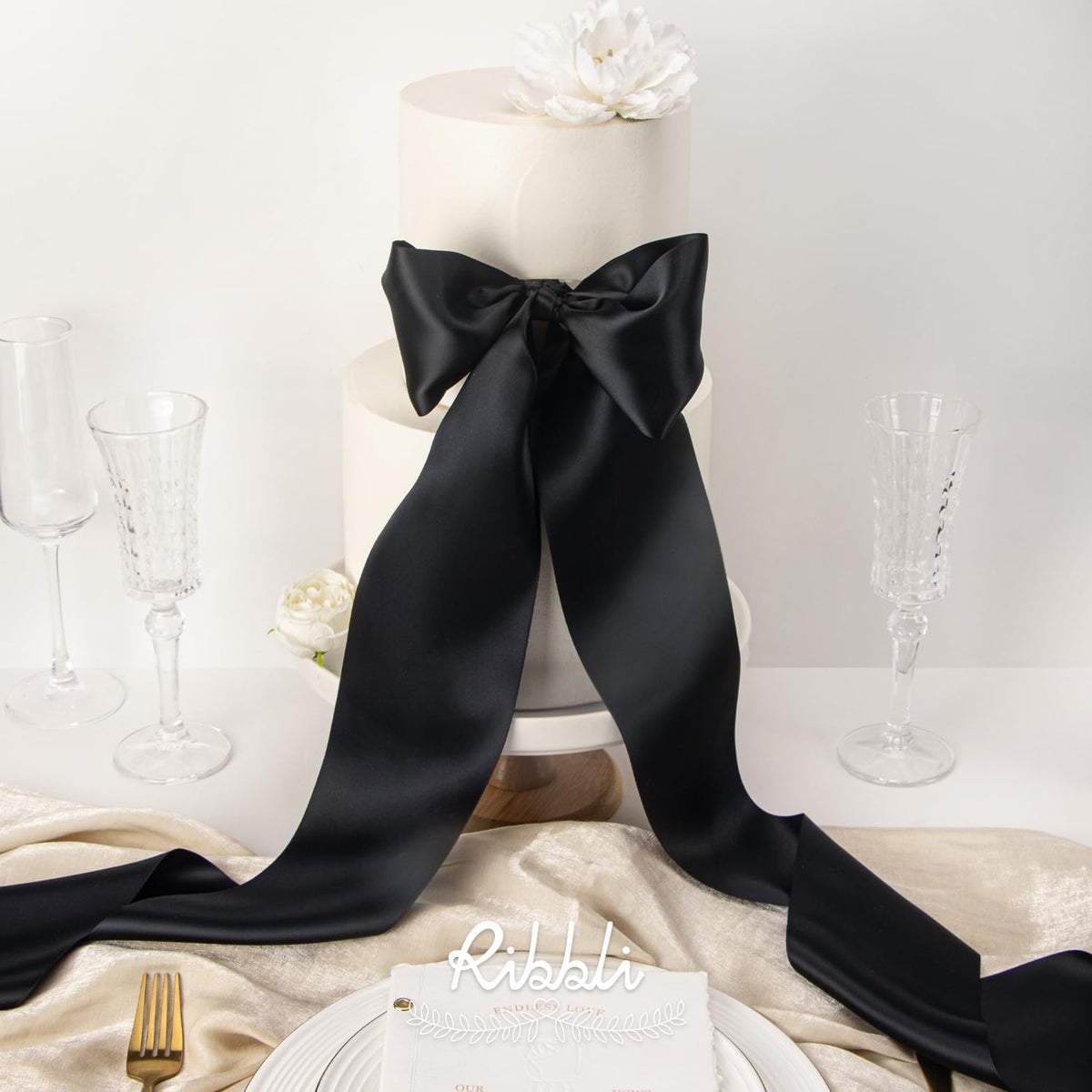 Ribbli Black Satin Ribbon 4 Inch Wide Black Ribbon for Wedding Chair Sash Grand Opening Ceremony
