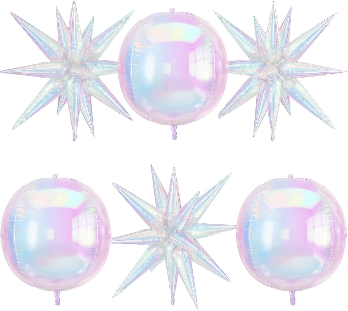 6Pcs Iridescent Foil Balloons, 22in 4D Round Ball and 18in Explosion Star Iridescent Balloons