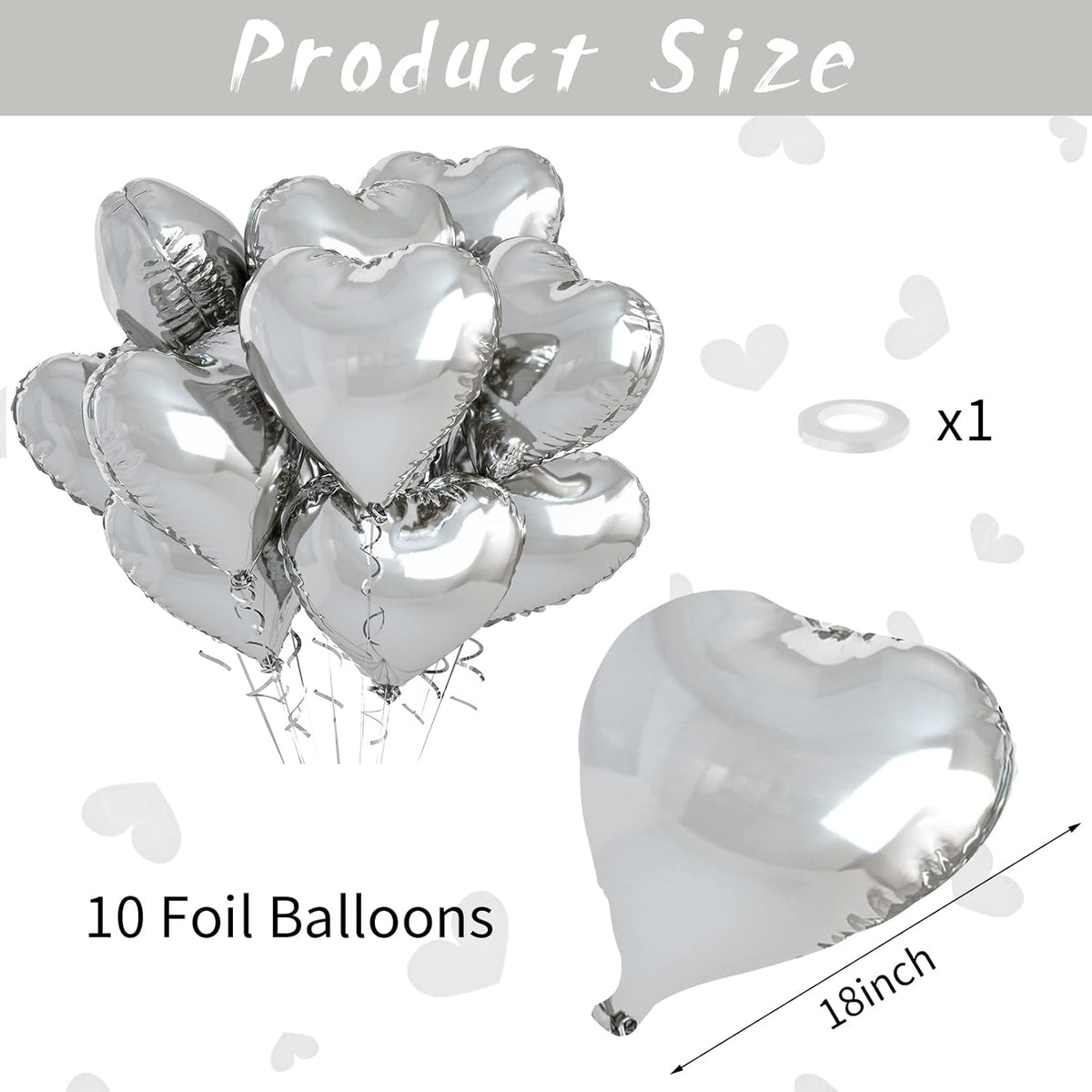 Biapian Silver Foil Heart Balloons, 10PCS Silver Heart Shape Balloons, Valentines Balloons 18inch