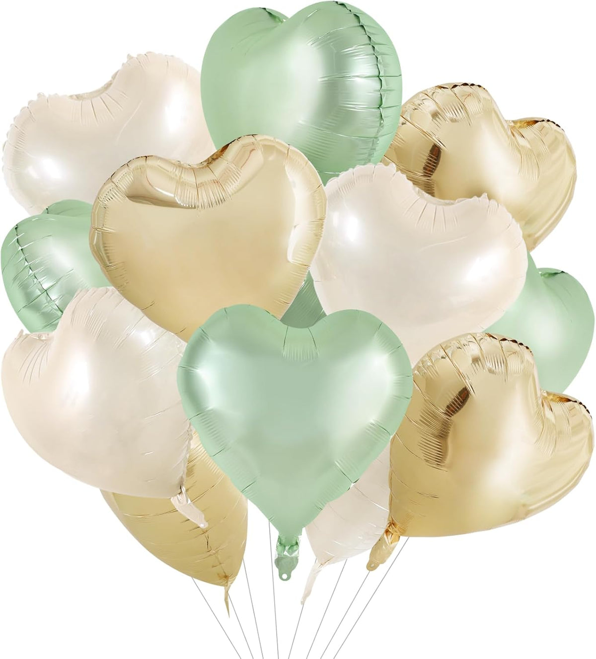 TONIFUL 15Pcs Sage Green Gold Heart Balloons 18 Inch Green Cream White Heart Shape Foil Mylar