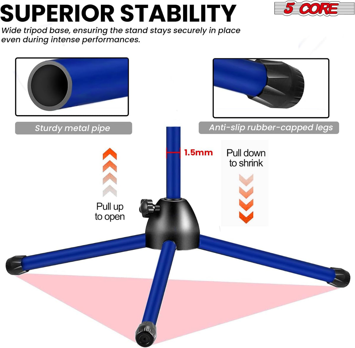 5 Core Tripod Mic Stand Floor Adjustable 18 to 72 Inches Sturdy Boom Arm Holder Microphone Stands