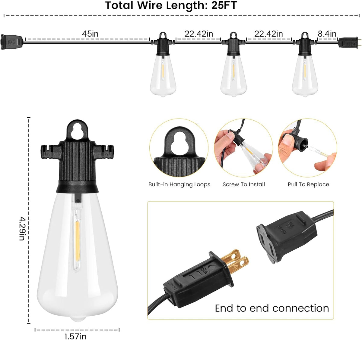 25ft Outdoor String Lights, LED Patio Hanging With 12 Shatterproof Bulbs, Waterproof ETL Listed