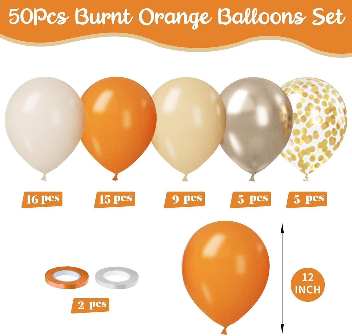 Paready Burnt Orange Balloons Set, 50Pcs Orange and Apricot Balloons, 12 Inch Metallic Confetti