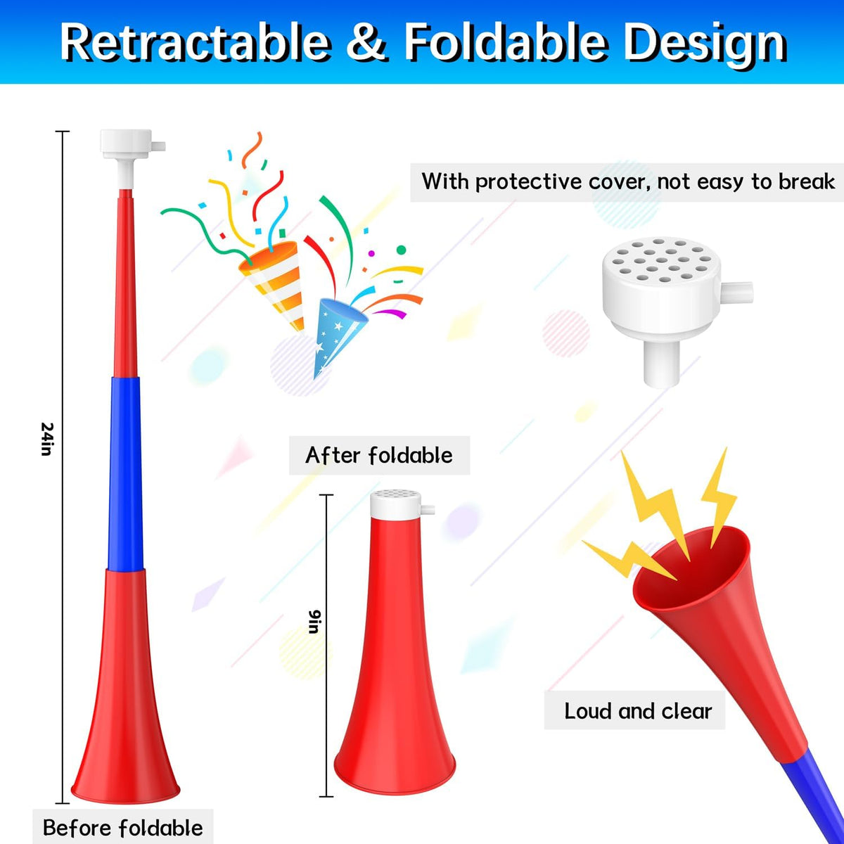 Collapsible Stadium Horn Noise Maker 24 Inch Vuvuzela Plastic Trumpet Horn Blow Horns Noisemakers