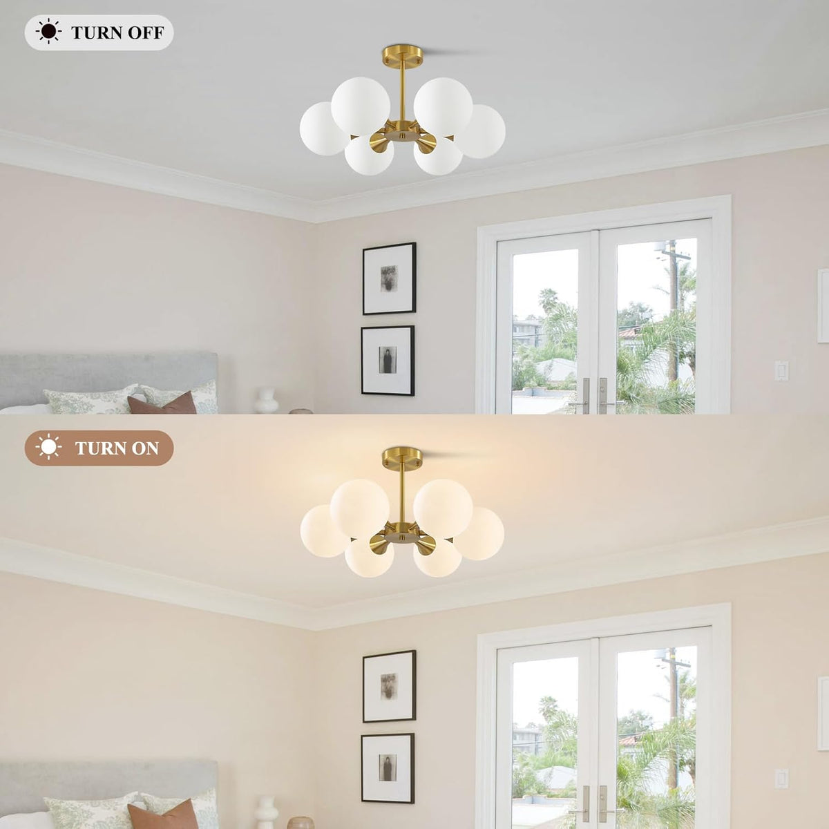KCO Lighting Brushed Gold Sputnik Flush Mount Ceiling Light Mid Century Modern Overhead Ceiling