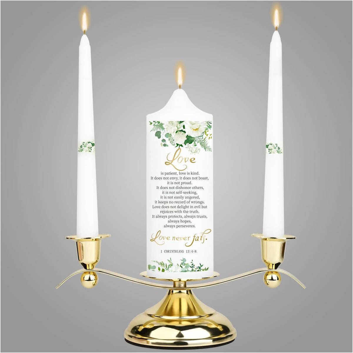 3 Unity Floral Candles for Wedding Ceremony Set with Golden Holder, Wedding Accessories for