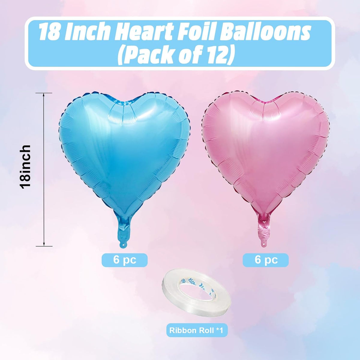 Pink Blue Heart Balloons, 18 Inch Baby Pink and Blue Heart Shape Balloon, 12PCS Large Light Blue